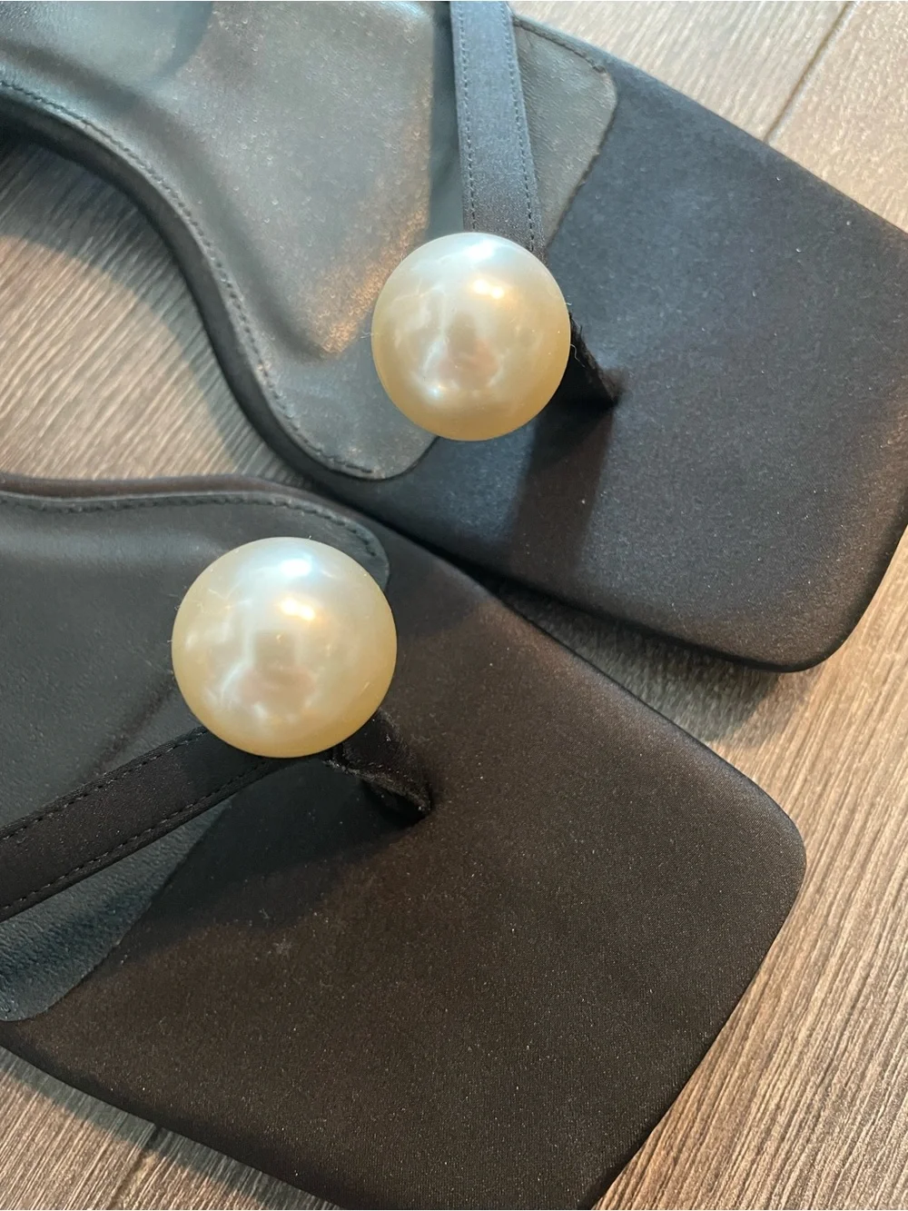 TOTEME Black Pearl-Accent Satin Ankle Strap Flat Sandals